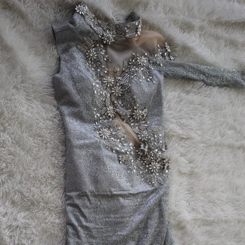 Grey Jeweled One Sleeved Maxi